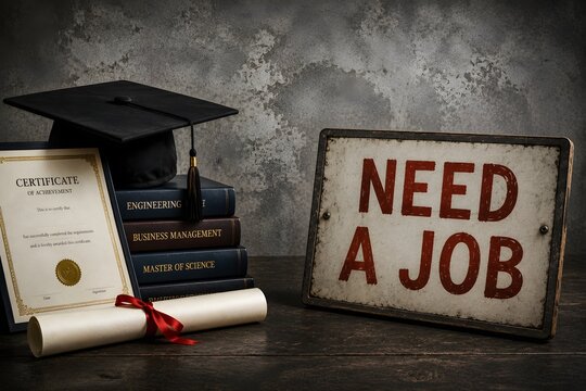 Need a job concept with graduation cap, diploma certificate, academic books and employment opportunity sign