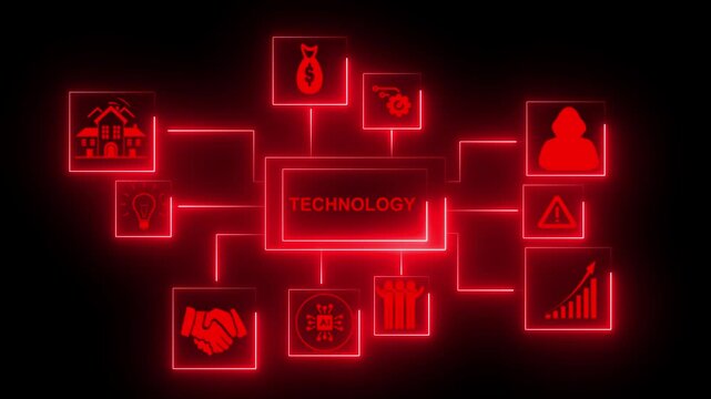 Technology infrastructure is represented by a luminous red schematic that links modular system components, including abstract icons for architecture, computing, and financial progress in a network.