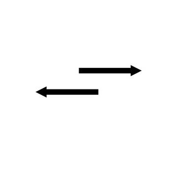 arrow direction arrows,Two thick horizontal black arrows pointing in opposite directions, with the up arrow pointing to the right and the down arrow pointing to the left, isolated on a clean white bac