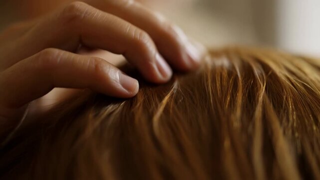 Gentle hand resting on short golden brown hair in warm indoor closeup, fingertip contact showing nurturing touch, calm mood, and soft natural texture from low side viewpoint