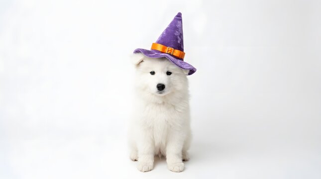Cute samoyed puppy wearing a purple witch hat isolated on white background