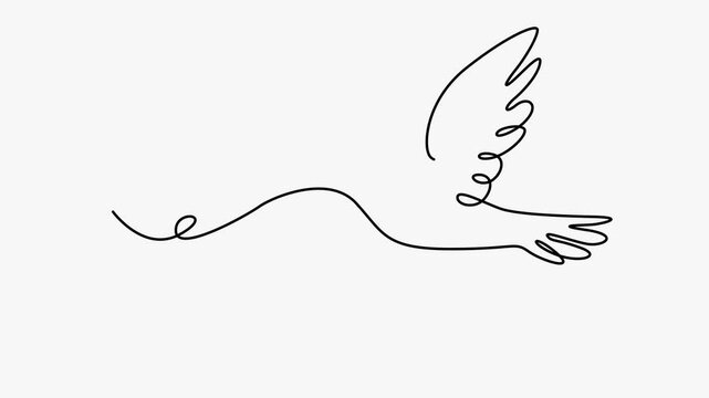 Continuous line art animation of a graceful flying bird carrying a twig in its beak.