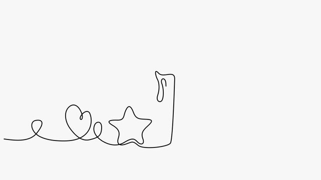 Continuous line art animation of a burning Christmas candle with a heart, star, and branch.