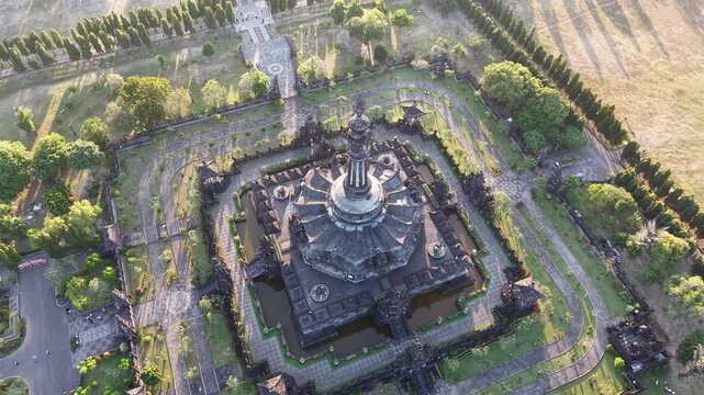 Aerial view of the Bajra Sandhi Monument in Renon, surrounded by lush gardens, pathways, and green trees in Denpasar Selatan, Bali, Indonesia.