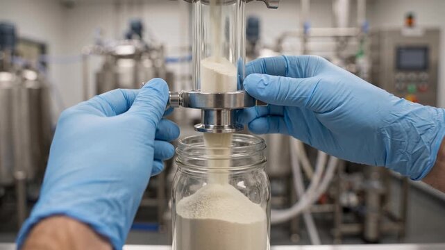 Precision Fermentation Process in Industrial Bioreactor with Gloved Hands Filling Powder into Jar