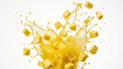 Obraz premium Pineapple juice splash with fresh fruit chunks. Dynamic explosion of yellow tropical liquid and pineapple pieces