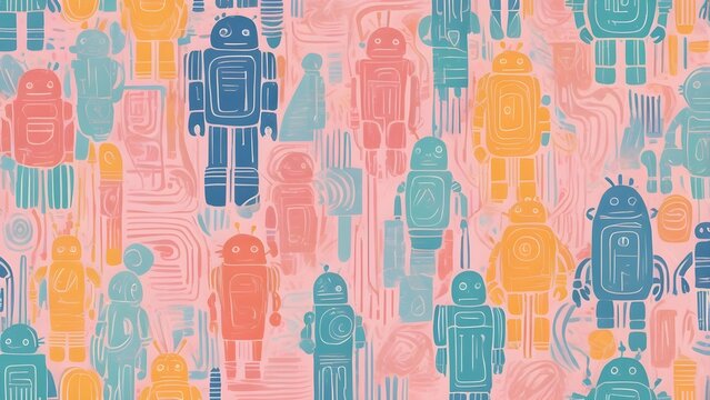 Colorful AI robot pattern in pastel tones. Whimsical background with stylized androids representing artificial intelligence and future tech.