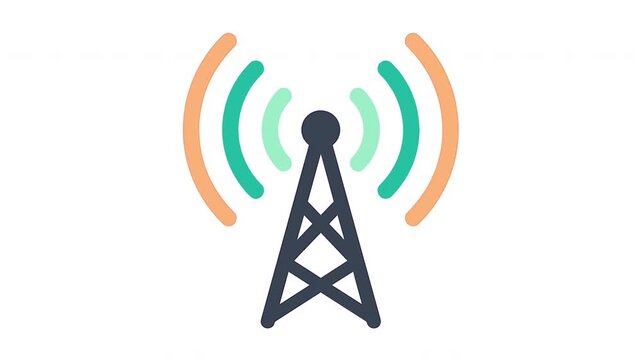 Wireless signal tower icon broadcasting radio waves in flat vector animation style
