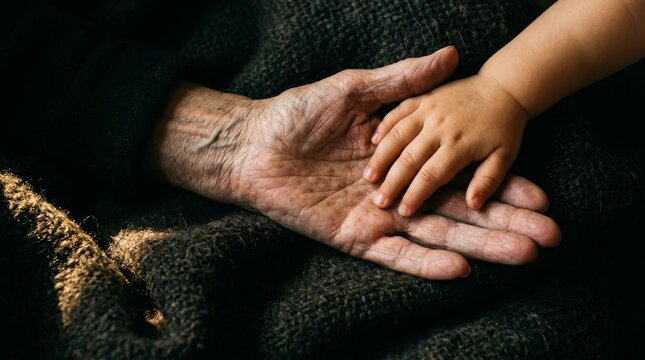 Candid low-key close-up of small child fingers pressing into aged open palm, intergenerational touch and skin texture contrast, authentic human bond concept