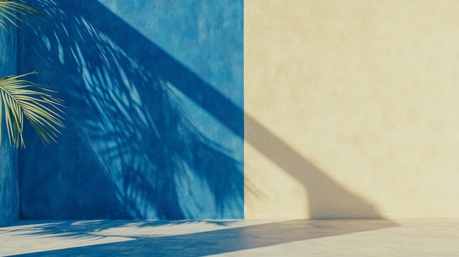 Blue and Cream Stucco Wall with Tropical Palm Shadow Background