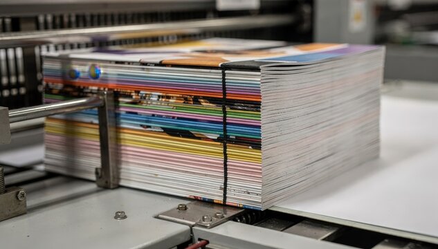 Medium shot of a fashion magazine saddlestitch binding in process focusing on precise collating of colorful glossy signatures with blurred background machinery.