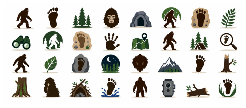 Collection of Bigfoot and Sasquatch themed icons and symbols.