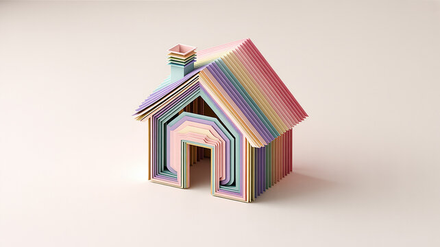 Layered paper house with chimney pastel colors and a soft neutral background