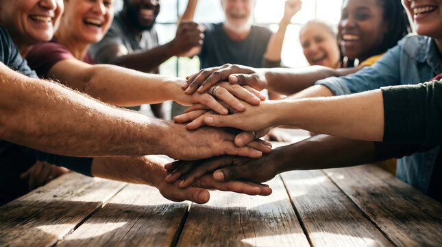 Teamwork makes the dream work business, tech, startup professionals uniting hands in success
