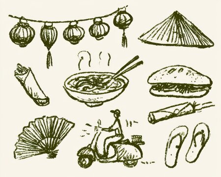 Collection of handdrawn vietnamese culture and street food icons