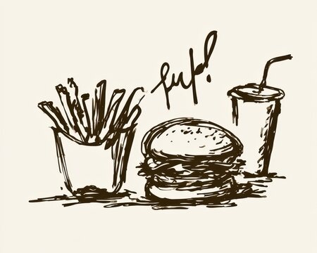 Hand drawn fast food set with burger, french fries and soda drink isolated on white background