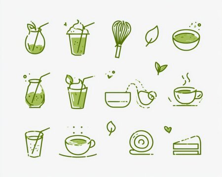 Set of green matcha tea icons, handdrawn vector illustration isolated on white background