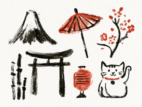 Set of traditional japanese culture icons, including mount fuji, torii gate, cherry blossoms, and manekineko