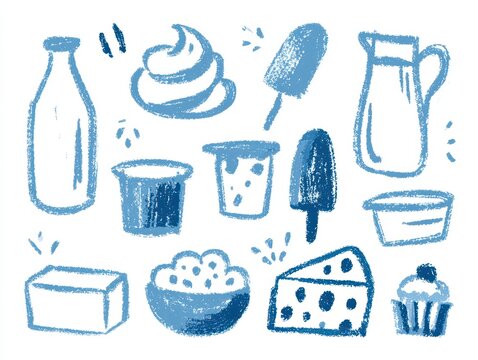 Set of handdrawn dairy products icons, including milk, cheese, yogurt, ice cream, and butter