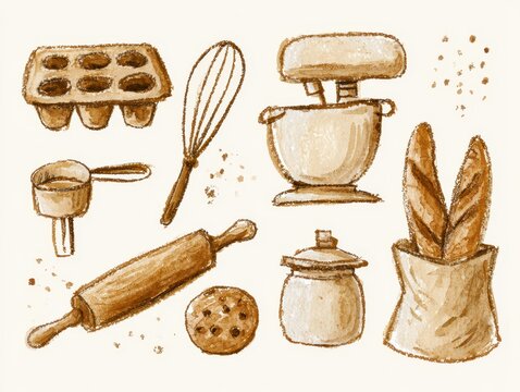 Set of handdrawn baking and kitchen tools in brown sketch style