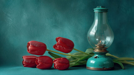 Tulips with a vintage oil lamp sit on a dark teal surface in a still life arrangement. © Subhan Shah