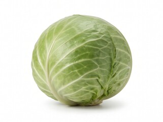 Fototapeta premium Fresh Green Cabbage Whole Isolated on White Background Studio Shot for Healthy Food Marketing and Grocery Retail Promotion
