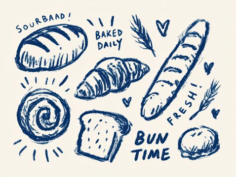Set of handdrawn bakery and bread icons in a blue sketch style