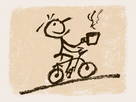 Simple stick figure drawing of a person riding a bicycle while holding a steaming cup of coffee
