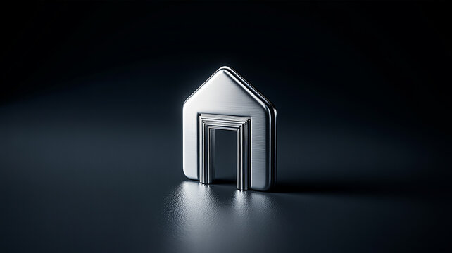 Silver house shaped object with receding doorways three dimensional rendering home
