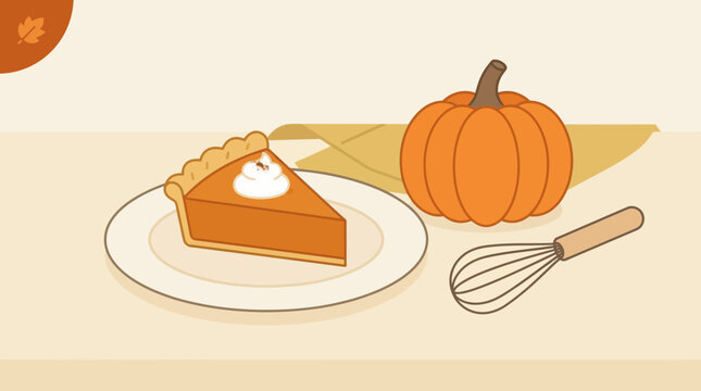 A delightful flat design illustration showcasing a slice of pumpkin pie with whipped cream, representing a classic Thanksgiving dessert.
