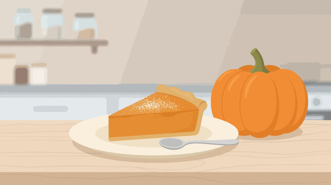 A delightful flat design illustration showcasing a slice of pumpkin pie with whipped cream, representing a classic Thanksgiving dessert.
