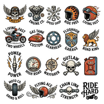 Vintage motorcycle and biker emblems badges and stickers set collection.
