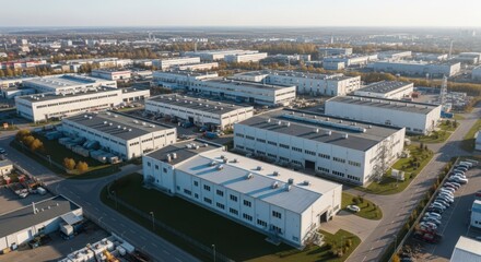 Fototapeta premium Expansive Aerial View of a Modern Industrial Business Park with Numerous Buildings and Infrastructure Under a Clear Sky