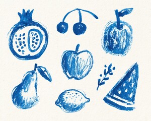Set of handdrawn blue fruit illustrations with crayon texture