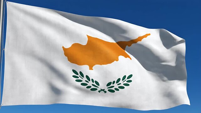 Waving flag of Cyprus with copper-colored island map and green laurel wreath on clear blue sky, national symbol of Cyprus