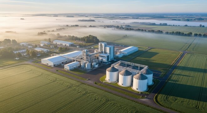 Expansive aerial view of a modern agricultural processing plant and grain storage silos in a rural landscape at dawn