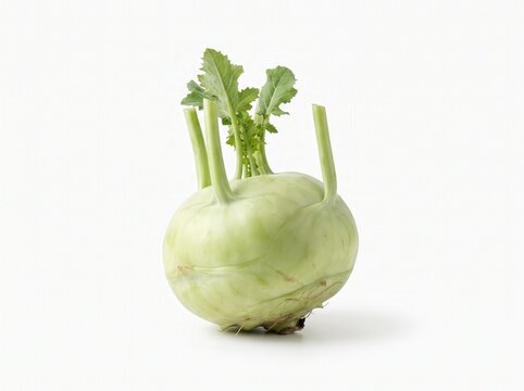 Fresh Pale Green Kohlrabi Bulb with Leaves Isolated on White Studio Background for Culinary Recipe Illustration and Healthy Food Blog Content
