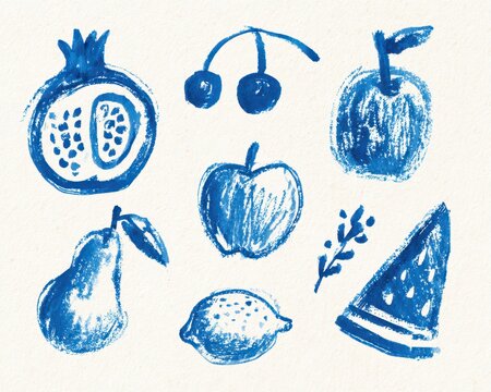 Set of handdrawn blue fruit illustrations with crayon texture