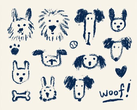 Cute hand drawn dog faces doodle set featuring various breeds, paw print, bone, and text woof in blue crayon style
