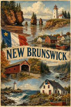 Vintage New Brunswick Travel Poster with Bay of Fundy Lighthouses and Covered Bridge
