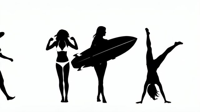 Diverse group of women in bikinis and surfboards, beach lifestyle, summer vacation, seaside leisure, tropical fun, ocean sports, vibrant poses, athletic bodies