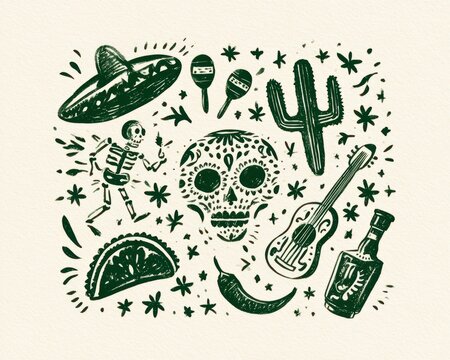 Mexican culture and celebration elements set, dark green ink stamp style illustrations of skull, cactus, guitar, and sombrero