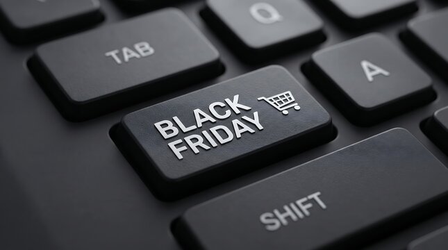 Black Friday text and shopping cart icon printed on a computer keyboard key for online shopping promotions.