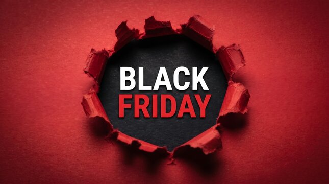Black Friday text in white and red revealed through a circular torn hole in vivid red paper over a dark background.