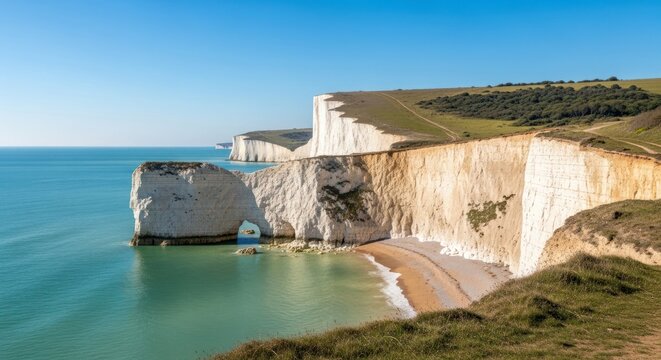 Majestic White Cliffs of Dover - A Stunning Coastal Landscape Under a Clear Blue Sky.