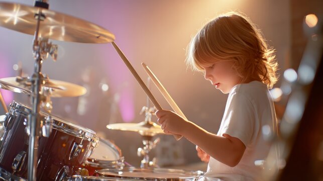 Young Boy Playing Drum Set in Warm Sunlit Studio During Music Lesson and Creative Childhood Practice