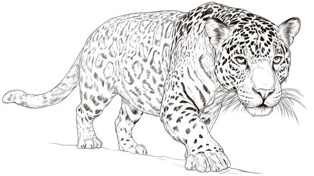 Detailed Black and White Line Art of a Walking Leopard Illustration