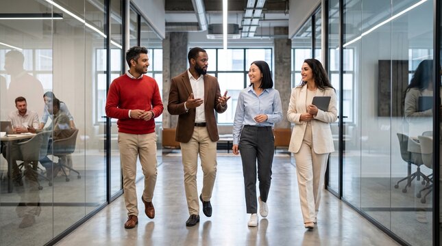 Diverse Business Professionals Walking Through Modern Glass Office Corridor