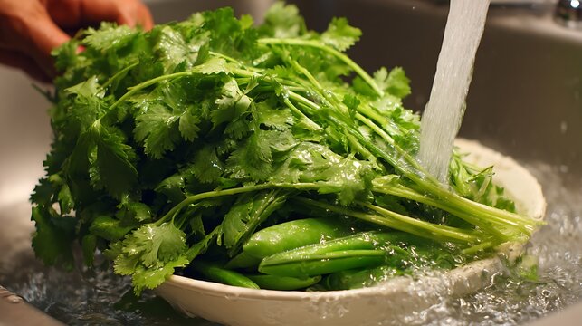 Bunch of fresh cilantro and green snap peas being rinsed under running water in a domestic kitchen sink.