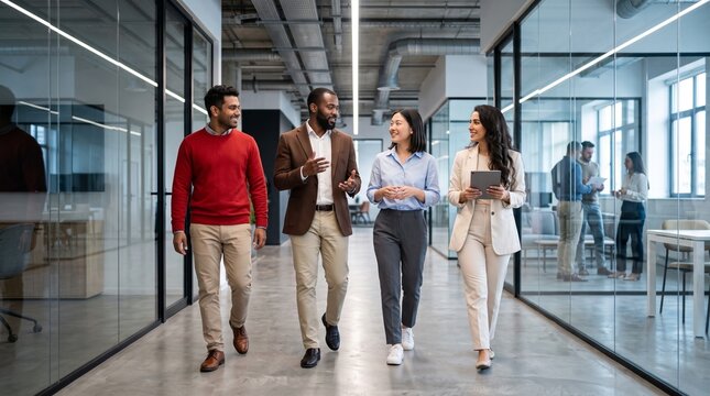 Diverse Business Professionals Walking Through Modern Glass Office Corridor